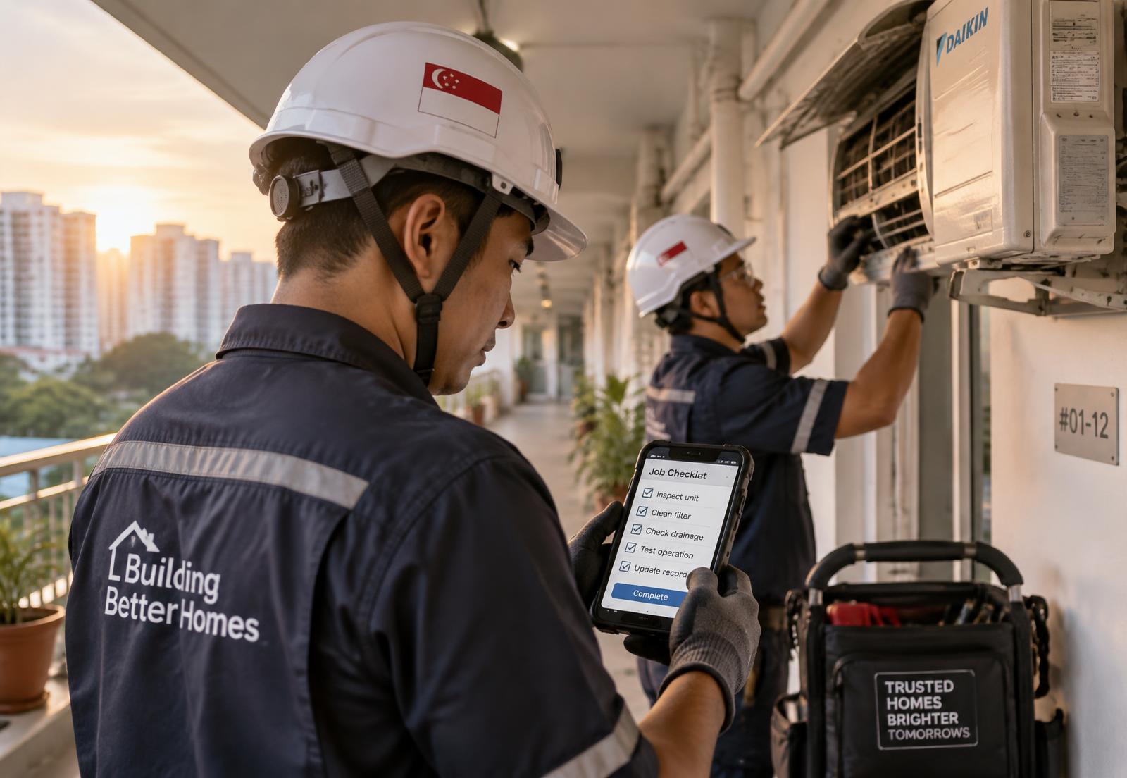 Two technicians servicing air-conditioning units while checking a job on a phone
